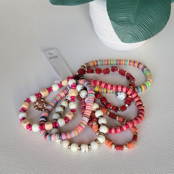 AVEC Colorful Red & Gold Tones Stretchy Beaded Bracelet Set of 7 - Picture 10 of 10